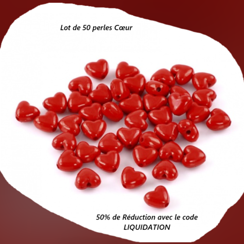 Lot de 50 perles en acrylique - cœur - rouge - p911