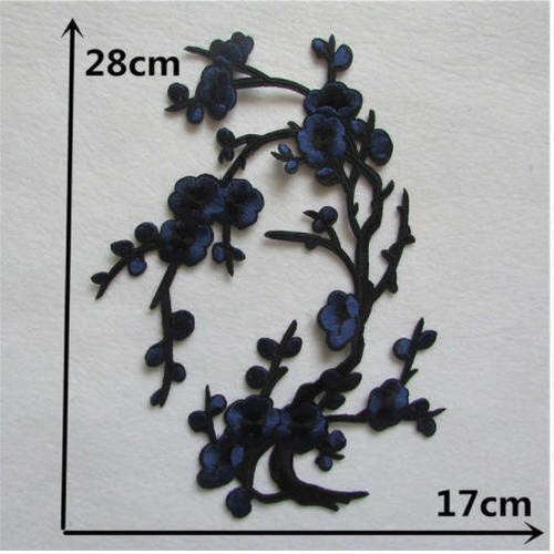 1 applique - écusson - patch thermocollant - fleurs de cerisier - tons bleu roi et noir - apc-05 - 36