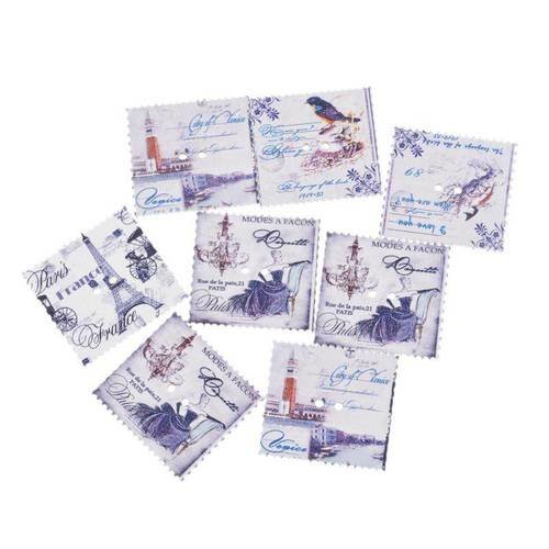 Lot de 10 boutons en bois - timbres - tour eiffel - oiseaux - multicolores