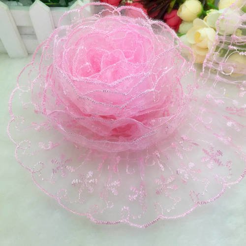 1.50 m de galon dentelle organza - plissée - froncée - 65 mm - rose - d201