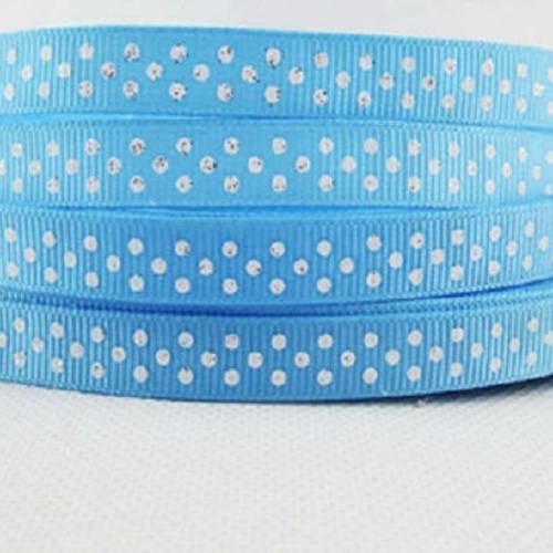 Ruban gros grain à pois blancs scintillant fond bleu ciel - 9 mm