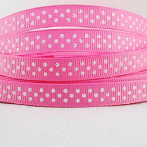Ruban gros grain à pois blancs scintillant fond rose - 9 mm