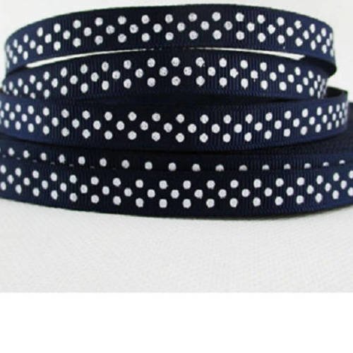 Ruban gros grain à pois blancs scintillant fond bleu marine - 9 mm