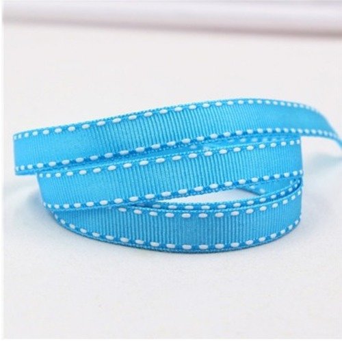 Ruban gros grain - uni - bleu turquoise surpiqué blanc - vendu au mètre