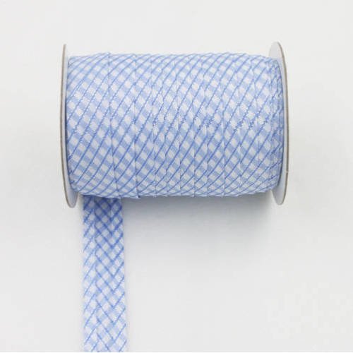 Biais replié - polyester - vichy bleu fil argenté - 20 mm 