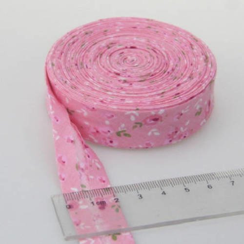 Biais replié petites fleurs fond rose - coton  - 20 mm 