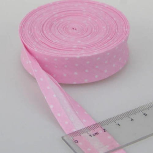 Biais replié à pois blanc fond rose - coton  - 20 mm 