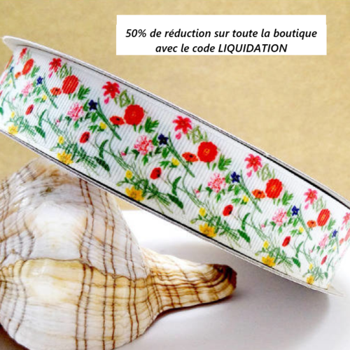 Ruban fleurs - coquelicots - ruban gros grain - vendu au mètre