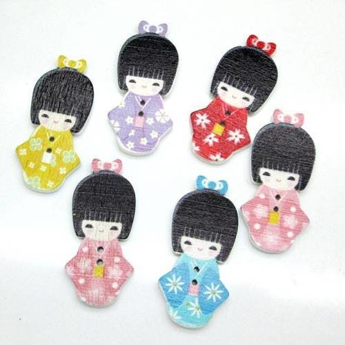 BBF10 LOT de 5 BOUTONS BOIS DÉCORATIF POUPÉE CHINOISE KOKESHI JAPONAISE
