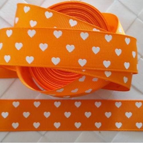 Ruban petits coeurs blancs fond orange  - ruban gros grain - vendu au mètre