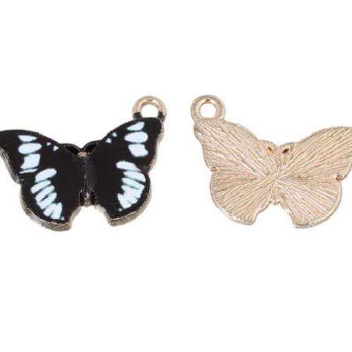 1 breloque pendentif papillon blanc et noir - dorée - emaillée 