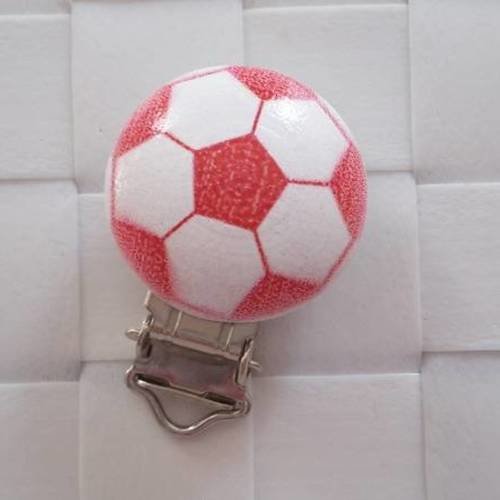 1 pince ou clip pour attache tétine ronde en bois - ballon de foot rouge