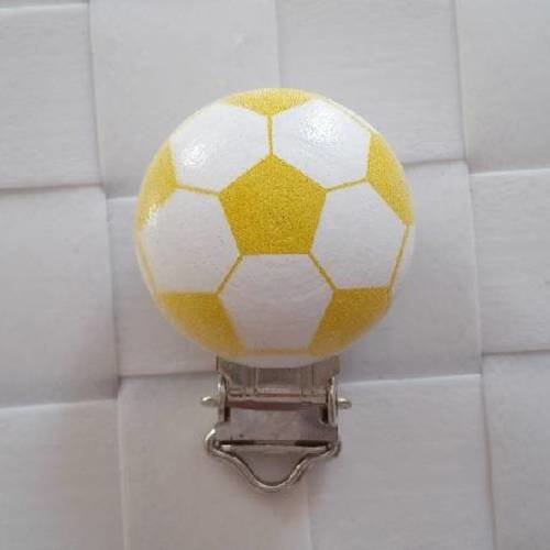 1 pince ou clip pour attache tétine ronde en bois - ballon de foot jaune