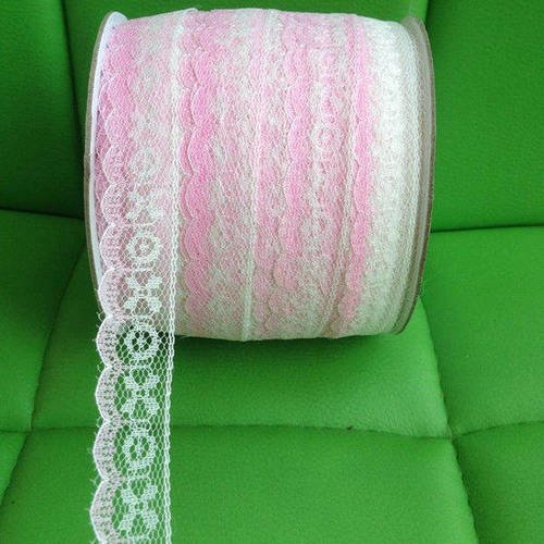 Ruban bicolore en dentelle fine  - rose et blanc - 15 mm 