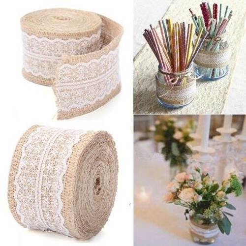 95 cm de ruban toile de jute et dentelle blanche