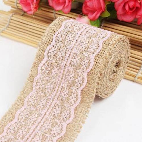 50 cm de ruban toile de jute et dentelle rose