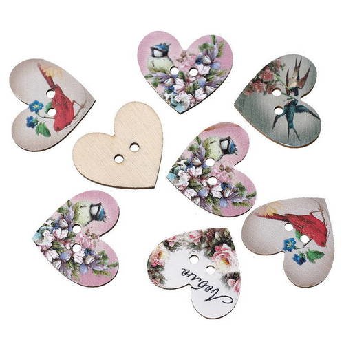Lot de 5 boutons en bois motifs oiseaux - fleurs - forme coeur 