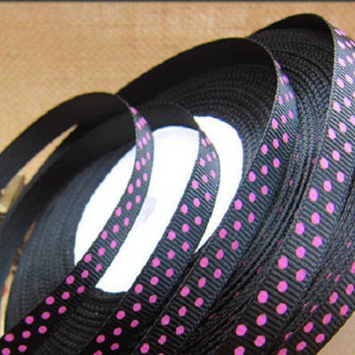 Ruban pois fuchsia fond noir - ruban gros grain