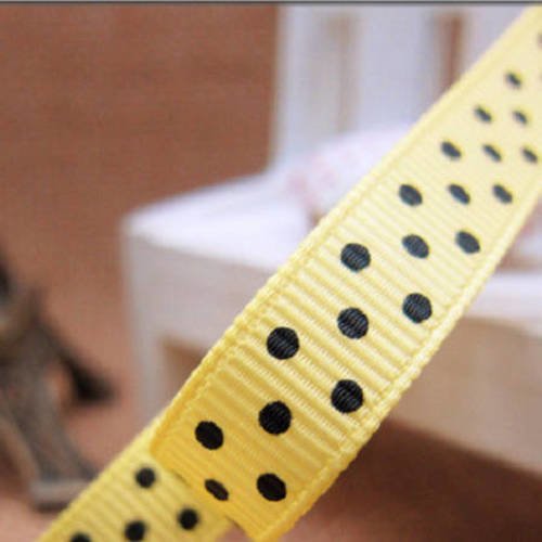 Ruban pois noir fond jaune  - ruban gros grain