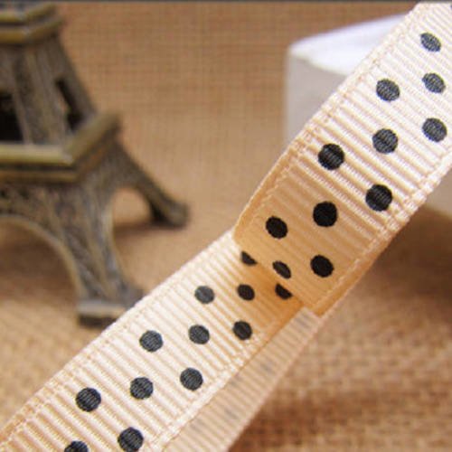 Ruban pois noir fond beige rosé - ruban gros grain