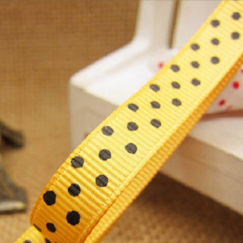 Ruban pois noir fond orange - ruban gros grain