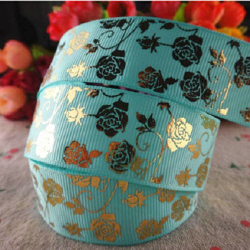 Ruban gros grain petites roses dorées fond vert - vendu au mètre 