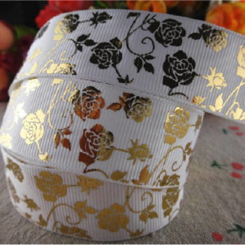 Ruban gros grain petites roses dorées fond blanc - vendu au mètre