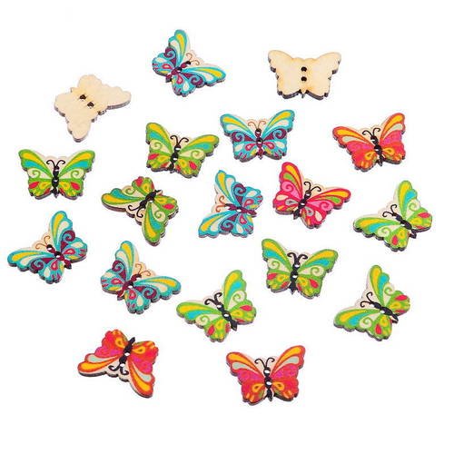 Lot de 5 boutons en bois papillons multicolores 