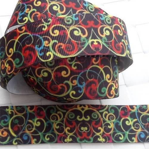 Ruban volutes multicolores fond noir - ruban gros grain  - vendu au mètre
