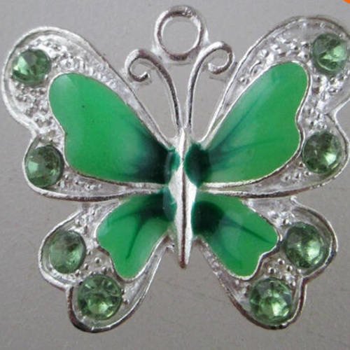 1 pendentif papillon email et strass - vert 