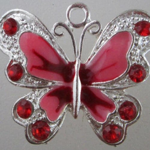 1 pendentif papillon email et strass - rouge 