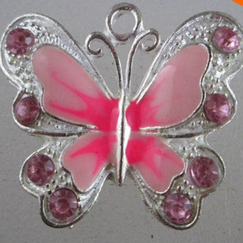 1 pendentif papillon email et strass - rose 