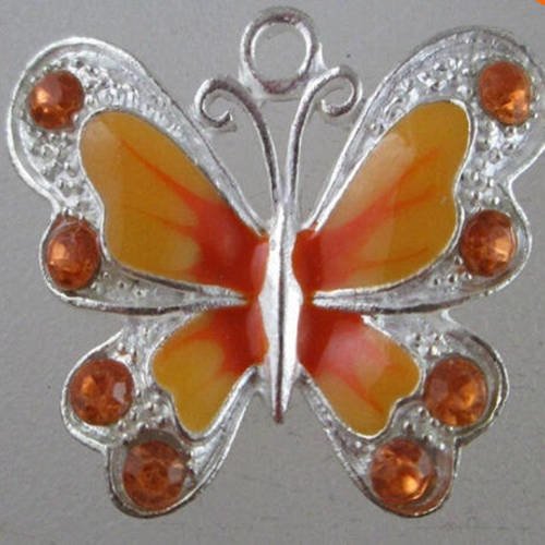 1 pendentif papillon email et strass - orange 
