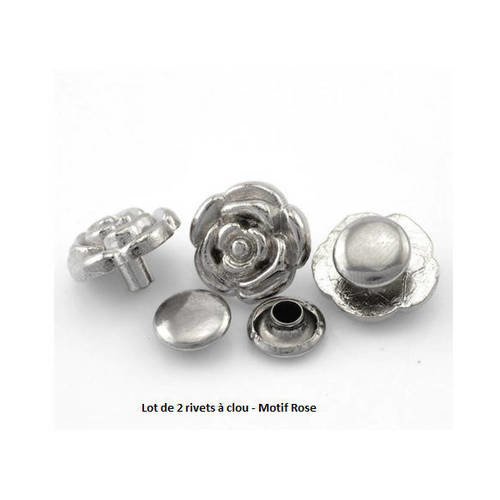 Lot de 6 rivets à clou - motif fleur rose - métal argenté