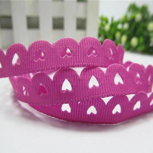 Ruban frise petit cœur - ruban gros grain - rose foncé 