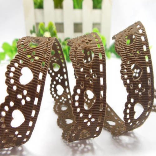 Ruban frise cœur - dentelle - marron - ruban gros grain - vendu au mètre