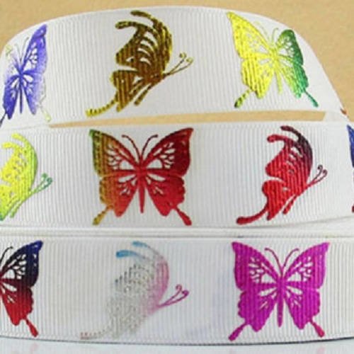 Ruban gros grain - ruban papillons multicolores fond blanc - vendu au mètre