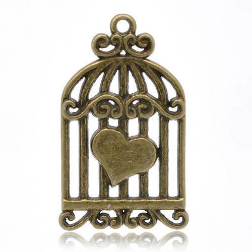 1 breloque pendentif cage à oiseaux - métal couleur bronze 