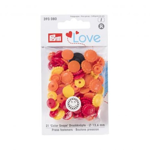Pressions plastiques prym love color snaps fleurs lot de 21 pressions13,6mm rouge, jaune, orange 393080