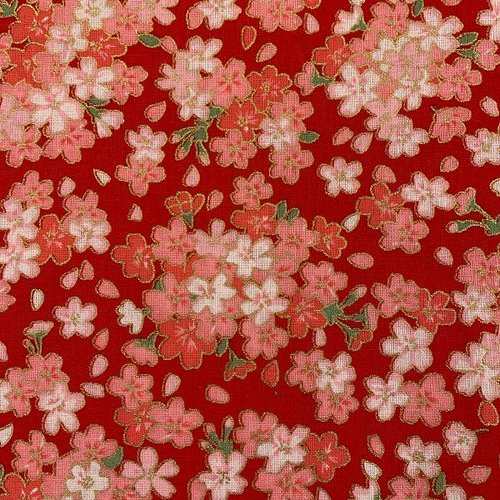 Tissu japonais rouge petites fleurs rose