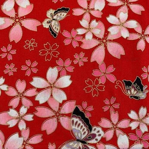 Tissu japonais rouge belles fleurs rose