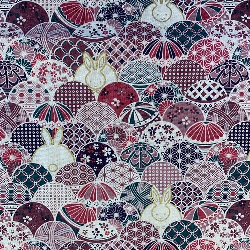 Tissu japonais motifs parapluies et lapins violets