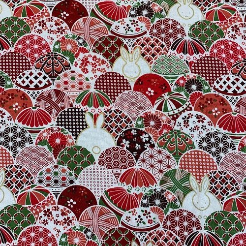 Tissus japonais motifs lapins et parapluies verts et rouges