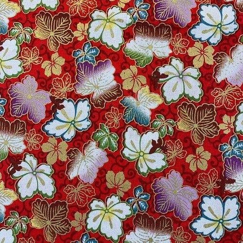 Tissu japonais très belles fleurs sur fond rouge