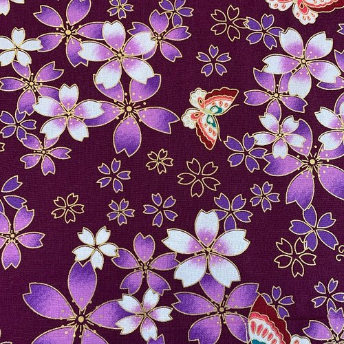 Tissu japonais motifs papillons et fleurs violettes
