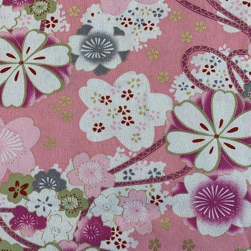 Tissu japonais motifs fleurs rose