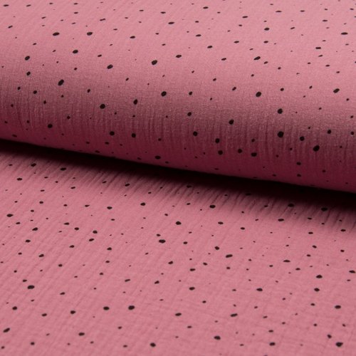 Tissu double gaze rose tachetée noire