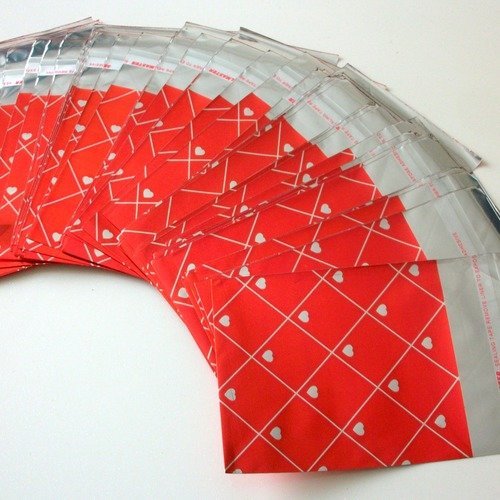 100 emballages 22cm pochettes cadeaux rouge métallisé coeur argenté sachets avec rabat à ruban adhésif raf c5 a