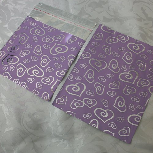 100 emballages 22cm pochettes cadeaux violet métallisé coeur argenté sachets avec rabat à ruban adhésif raf c5 a