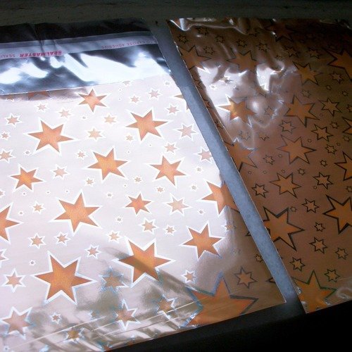 100 emballages pochettes cadeaux 10cm orange métallisé décor étoiles argenté sachets avec rabat à ruban raf c5 b